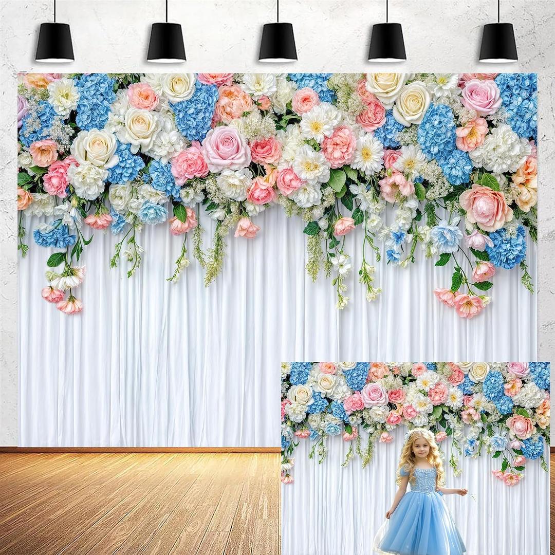 10x8ft Flower Wall Backdrop Photograph Spring Floral Wedding Birthday Baby Shower Tea Party Background Kids Girls Princess Portrait Mothers Day Cake Table Decorations Banner Photo Studio Props