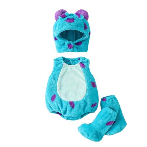 Kuriozud Cute Fuzzy Animal Costume for Baby Girl Boy Halloween Costume Romper with Hat and Leg Warmer 4pcs Cosplay Outfit Monster Blue, 12-18 Monhts