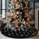 Black Gold Tree Skirt, 36 inches Spring Easter Fluffy Faux Fur with Gold Sequin Snowflakes Tree Rug, Furry Tree Mat for Holiday Decorations