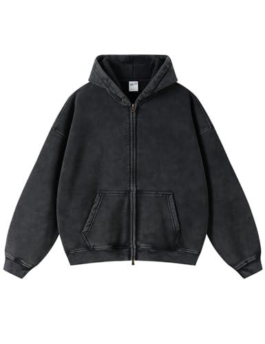 Arssm Mens Oversized Zip Up Hoodies Jackets Fleece Vintage Acid Wash Cotton Heavyweight Distressed Sweatshirt(Black-M)