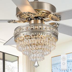Crystal Chandelier Ceiling Fan, 3-Light Farmhouse Fandelier with Remote - Silent AC Motor, K9-Crystal, Wood Blades, 3-Speed and Timing, Energy-Efficient Ceiling Fans for living Room (52" Silver-Color)