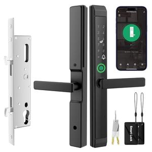 Sliding Door Smart Lock, Sliding Glass Door Lock with Fingerprint, JNZCH Smart Mortise Lock with App Control, IC Card, Keys, Anti-Peep Touchscreen, Perfect for Patio, Home (Black)