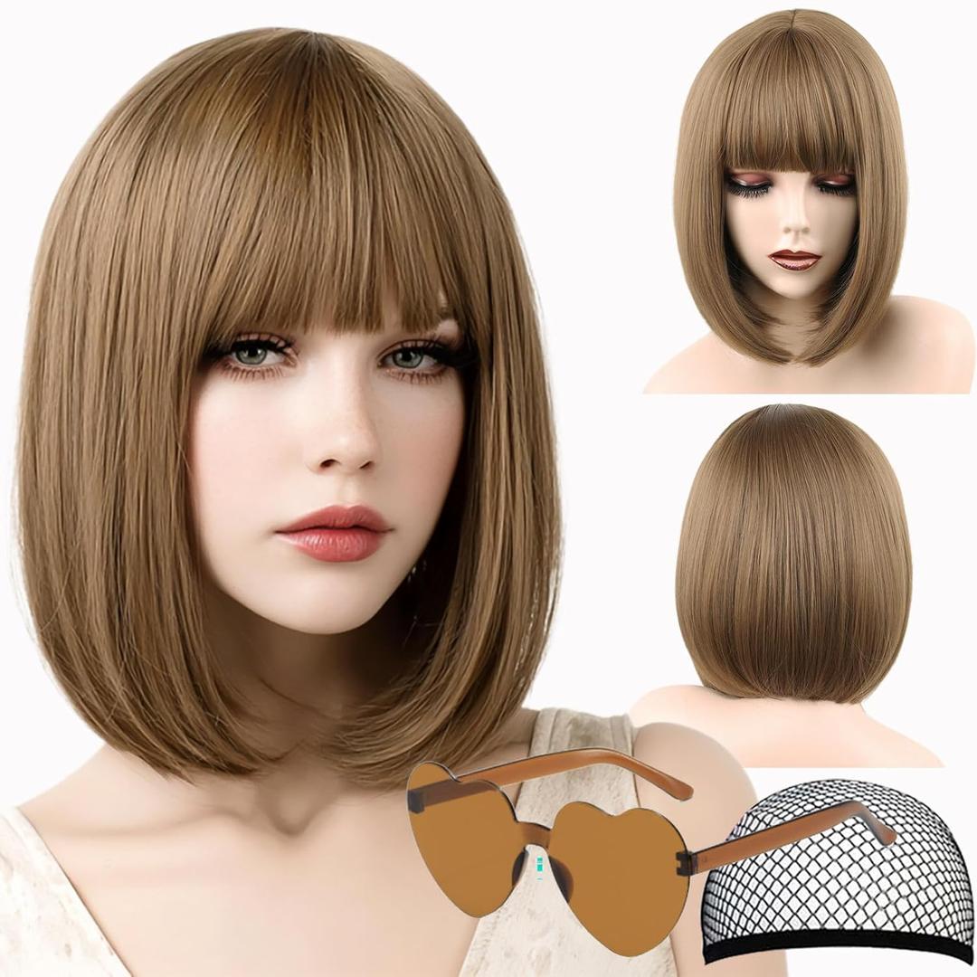 Brown Bob Wig with Bangs, 12 Inch Straight Short Bob Wig, Natural Looking,Heat Resistant Synthetic,Adjustable Straps Wigs for Women Daily Wear and Party,with 2 Free Wig Caps