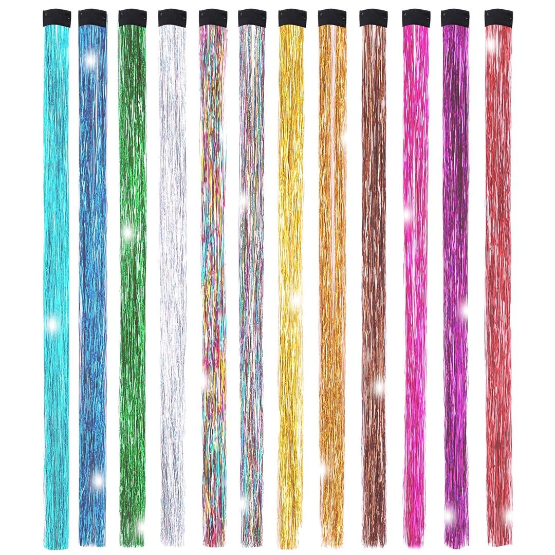 19.7 Inch Clip In Hair Fairy Tinsel Kit Clips Clip On Glitter Hair Tinsel Extensions 12 Colors (Colorful)