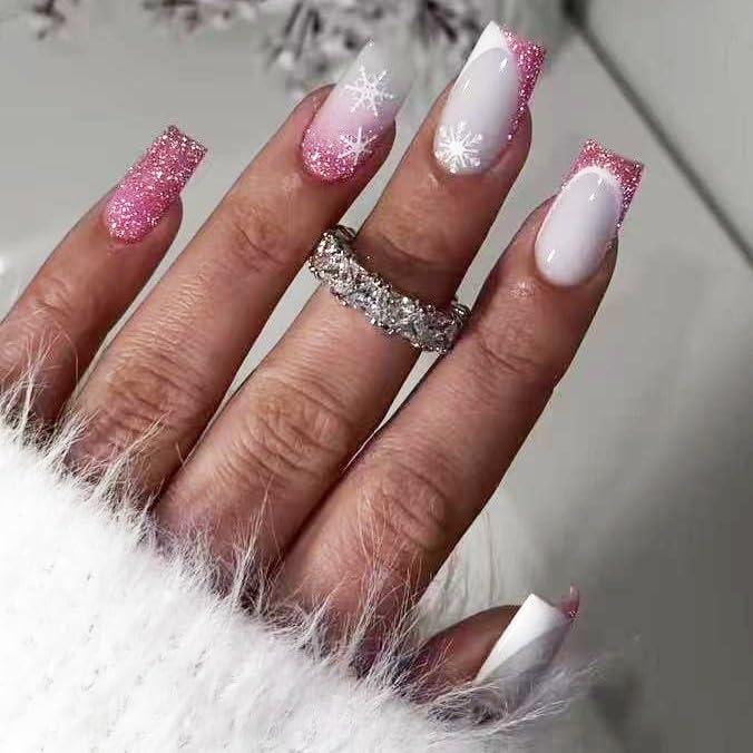 Christmas Medium Press on Nails Pink French Tip Fake Nails with Glitter Designs Snowflake Xmas Nails Press ons Winter Full Cover Stick on Nail Pink Gradient Square Acrylic False Nail for Women