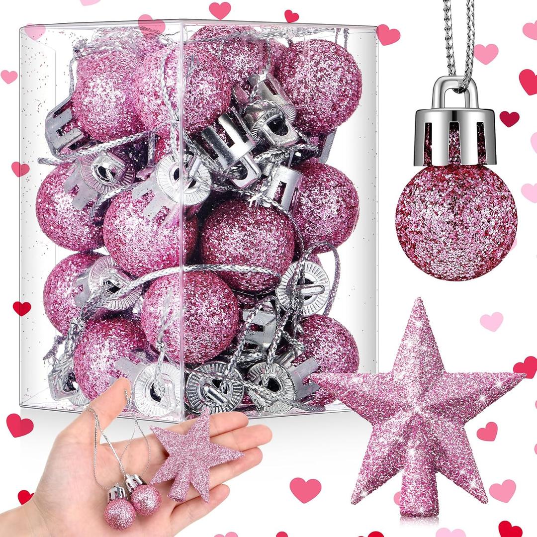 RoundFunny 25 Pcs Mini Valentine's Day Ornaments Set 0.79 Inch Glitter Valentine's Day Ball Tree Topper Star Hanging Ornaments for Party Decoration(Pink)