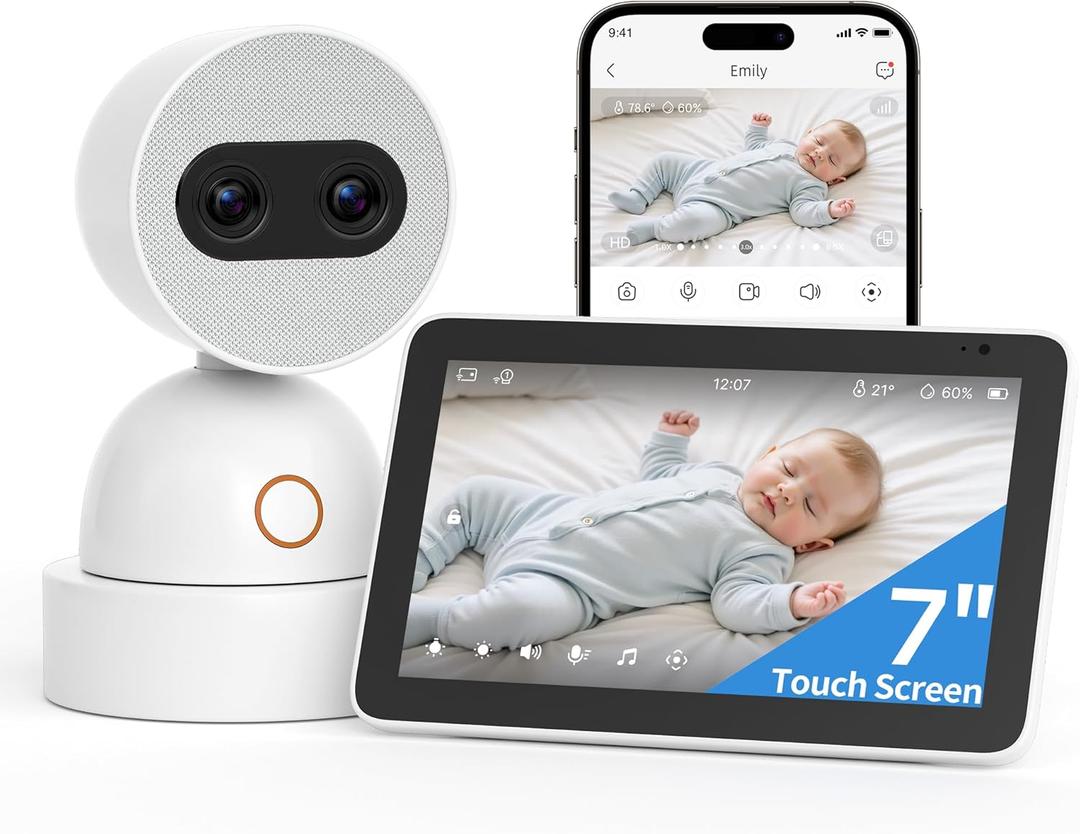 Simsky 7" UHD Touch Screen Baby Audio Monitor, Dual 4MP Cameras with Wall Mount, 6X Zoom & 32GB Local Storage, AI-Powered Cry Detection, Smart Tracking & Free Remote App Access