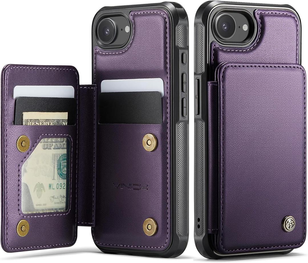 Vinich for iPhone 16e Wallet Case with Card Holder, RFID Blocking Credit Slots Kickstand Shockproof Phone Cover for Women Men, Purple