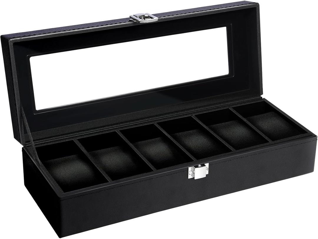 Uten Watch Box, 6 Slots Leather Watch Case, Watch Organizer Jewelry Storage with Large Glass Lid, Black Lining, Watch Display Box for Men & Women Gift