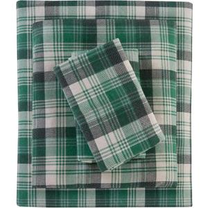 Woolrich Cotton Sheet Set Cottage Charms Print, 100% Cotton Flannel Sheets Warm & Fuzzy Bedding Set Queen Size Sheets, Fitted Pocket Fits Up to 14" Mattress, Queen Green Plaid, 4 Piece
