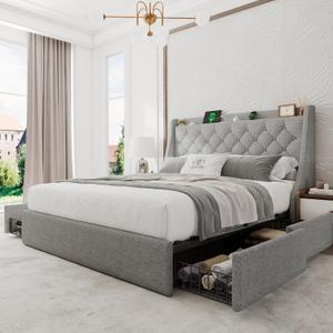 Upholstered Queen Bed Frame with 4 Storage Drawers, Platform Bed Frame with Wingback Headboard, Charging Station, No Box Spring Needed, Light Grey
