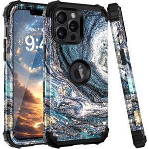 Case for iPhone 13 Pro Max Case,Marble Pattern 3 in 1 Heavy Duty Shockproof Full Body Women Men Hard PC Soft Silicone Rugged Bumper Drop Protective Case Cover for iPhone 13 Pro Max,Navy Blue