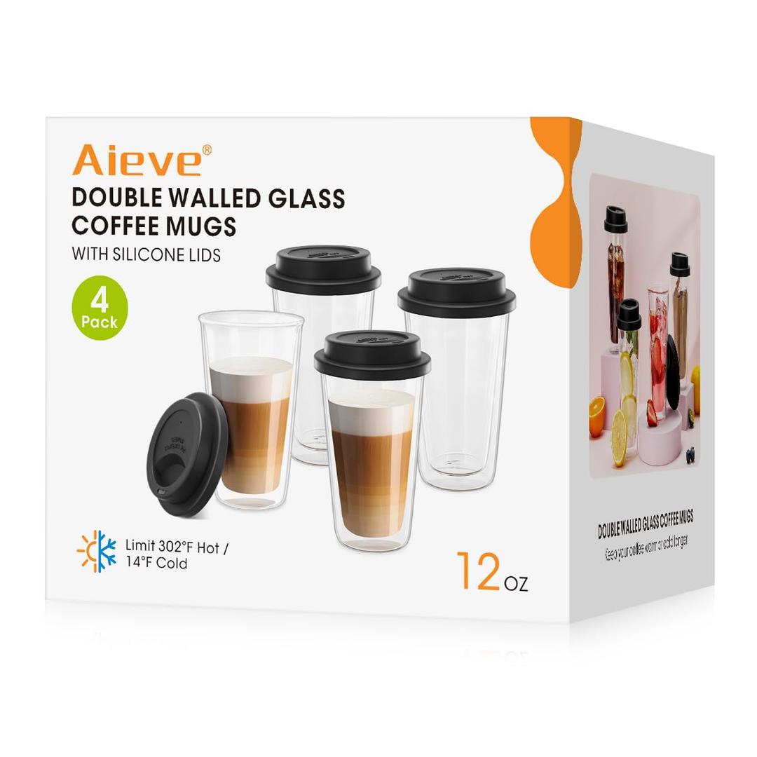 Aieve Double Wall Glass Coffee Mugs Set Of 4 Reusable | Desertcart ...
