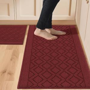 COSY HOMEER 48x20 Inch/30X20 Inch Kitchen Rug Mats Made of 100% Polypropylene 2 Pieces Soft Kitchen Mat Specialized in Anti Slippery and Machine Washable,red