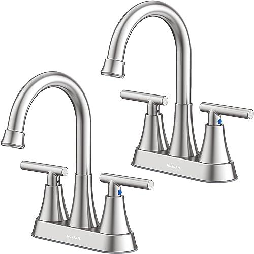 Bathroom Faucets for Sink 3 Hole, Hurran 4 inch Brushed Nickel Bathroom Sink Faucet with Pop-up Drain and Supply Hoses, Stainless Steel Lead-Free Centerset Faucet for Vanity RV, 2 Pack