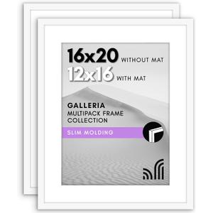 Americanflat 16x20 Picture Frame with Polished Plexiglass - Set of 2 - Use as 12x16 Frame with Mat or Display 16x20 Photo Without Mat - Galleria Collection - Picture Frames for Wall Display - White