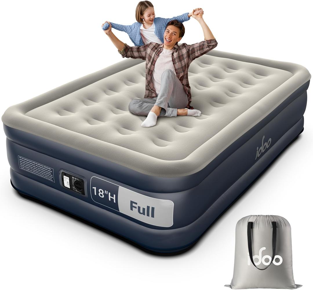 iDOO Air Mattress Full with Built in Pump, 18" Raised Comfort Blow up Mattress, Inflatable Mattress for Guests & Home, Air Bed, colchon inflable, Upgraded Four Chamber Technical Airbed (Grey)