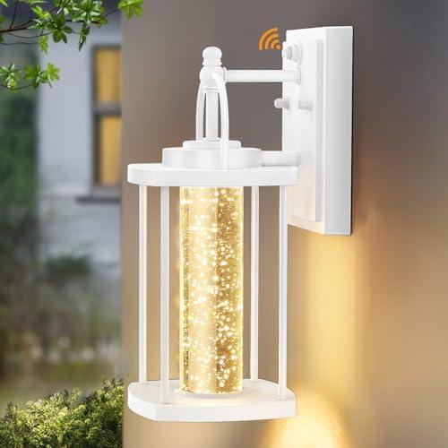 APOTO 1 Pack Dusk to Dawn Exterior Lighting Fixtures, 10W LED Modern Outdoor Wall Lights Sconce with Crystal Bubble Glass, White Wall Mount Outdoor Porch Lighting Fixtures for House,Front Door,Garage