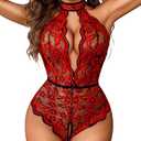 Avidlove Lingerie for Women Halter Lace Bodysuit V Neck Teddy One Piece Babydoll Nightgown Black Red 2XXL