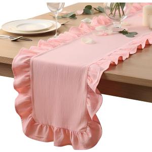 Oudain Pink Ruffle Table Runner Cotton Fabric 118 x 13.8'' Farmhouse Rustic Ruffled Edge Table Runner Wedding Decor for Spring Baby Shower Bridal Shower Party
