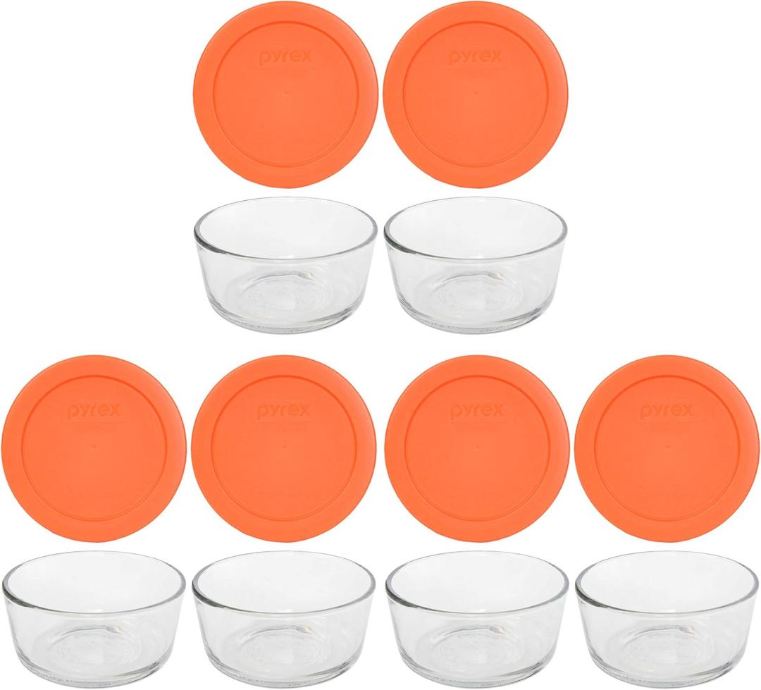 Pyrex 7200 2 Cup Glass Dishes & 7200-PC 2 Cup Orange Food Storage Replacement Lids (6-Pack) - Made in USA