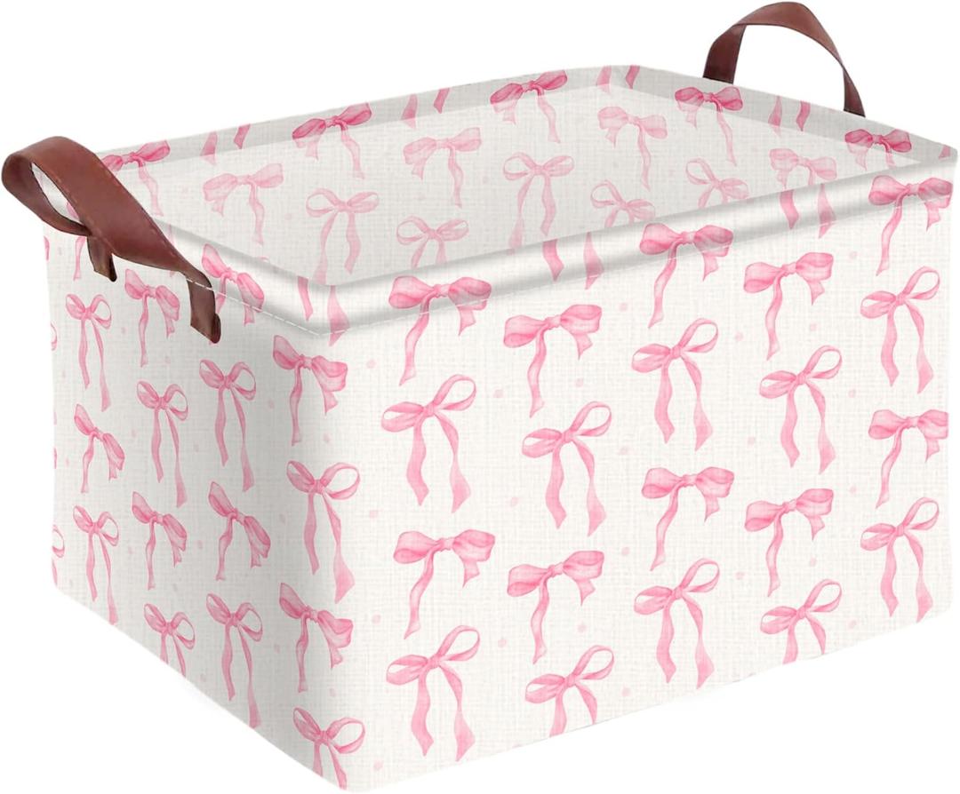 Pink Bow Storage Basket Waterproof Canvas Toy Storage Bin Coquette Room Decor Collapsible Outdoor Basket with Leather Handles Pink Bow Room Decor Blanket Baskets For Closets,Bedrooms,Gifts Baskets