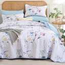 WONGS BEDDING Floral Quilt Set Queen Size, 3 Pieces Colorful Botanical Plants Pattern Bedspread Coverlet Set with 2 Pillowcases, Soft Lightweight Microfiber Bedding Set for All Season(96"90")