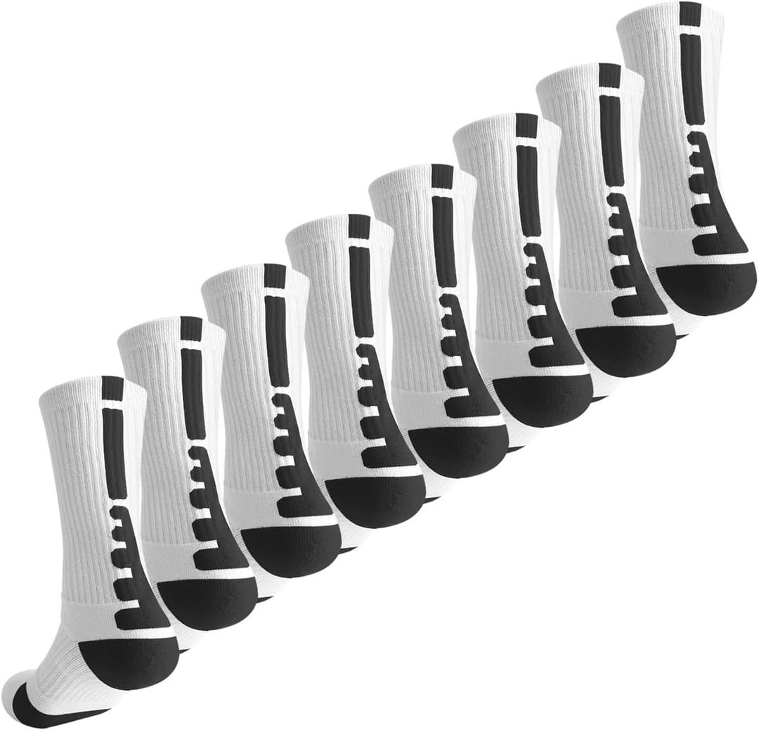 OLCHEE Boys Athletic Crew Socks Basketball Sports Calf High Socks Kids Youth Teens Long Compression Colorful Sock White 8 Pack Size 5-11