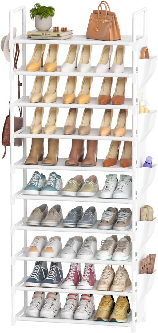 Tall Shoe Rack 10 Tier Shoe Racks Organizer for Closet 30-35Pairs,Large Capacity Storage Rack for Shoes with 5Hooks and Side Pocket,Sturdy Metal Shoe Shelf, Vertical Shoe Stand Tower (Medium, White)