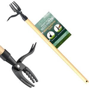 PlantSpawn Manual Stand Up Weed Puller Tool 44" with Long Bamboo Handle – Heavy Duty 4-Claw Wooden Head Weeder for Root Removal – Ergonomic Weeding Tool for Dandelion, Lawn, Yard & Garden Maintenance