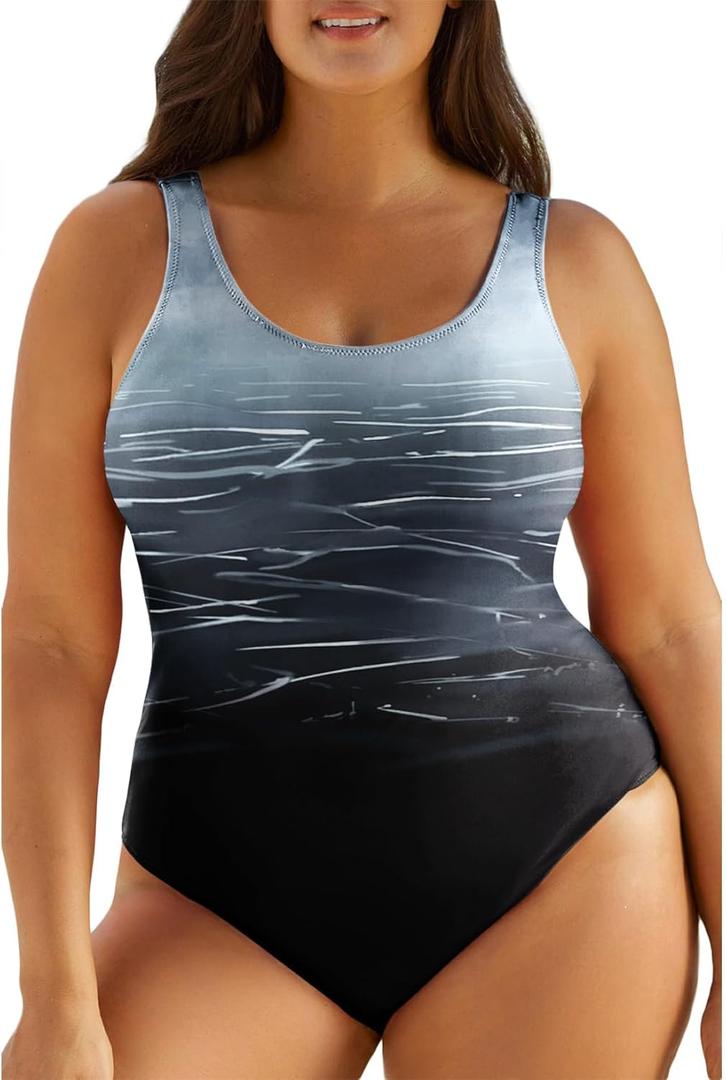 Eytino Plus Size Swimsuit for Women Back Crisscross Sports Tummy Control One Piece Bathing Suits(1X-5X) (3X, Tie Dye Gray)