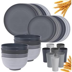 Klickpick Home 32 Pieces wheatstraw Dinnerware Set with 8 Each of Dinner Plates Desert Plates Cereal Salad Bowls Cups Unbreakable Modern Dinner Set for Microwave Dishwasher Safe Reusable Grey stone