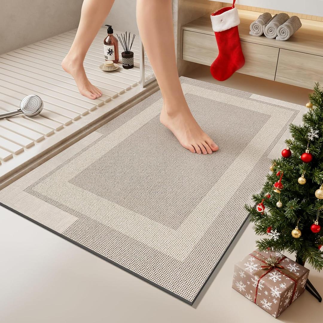 Non Slip Bath Mat, Rubber Backing Ultra Thin Bathroom Rugs Fit Under Door Quick Dry Super Absorbent Washable Bath Rug Shower Mat for Bathroom Floor Bathtub Shower Sink, Easy Care Beige 16"x 24"
