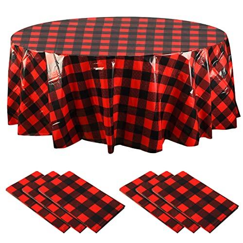 Remagr Disposable Checkered Tablecloth Round Plastic Buffalo Plaid Table Cloth 84'' Gingham Tablecover for Picnic Camping BBQ Graduation Party(Red and Black,12 Pieces)