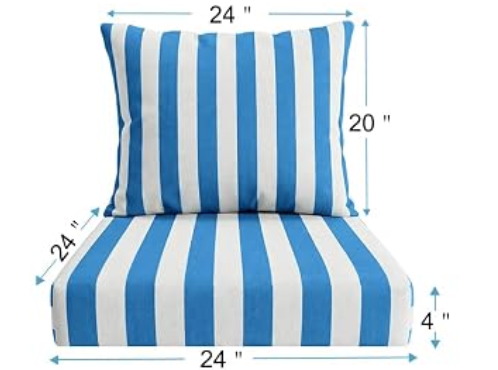 Outdoor Deep Seat Cushion Set, Weatherproof and Fade-Resistant Patio Chair Cushions, 24x24x4 in,, with Non-Slip and Outdoor Cushions, Suitable Chairs and loveseats (Blue and White Stripes), Queen