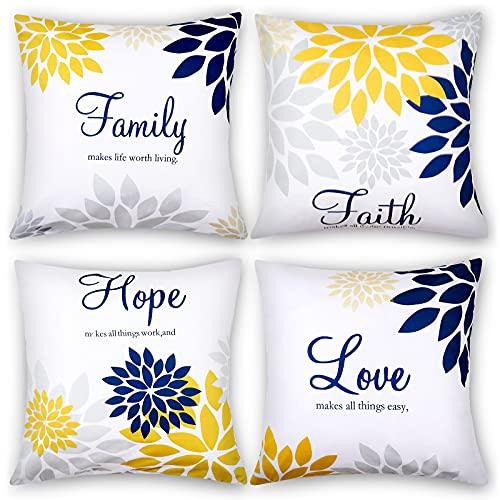 Tatuo 4 Pcs Flower Pillow Covers Square Spring Pillow Cushion Cases 18 x 18 Inch Family Faith Hope Love Words Decorative Summer Winter Cushion Case for Bed Couch Sofa Living Room(Yellow Series)
