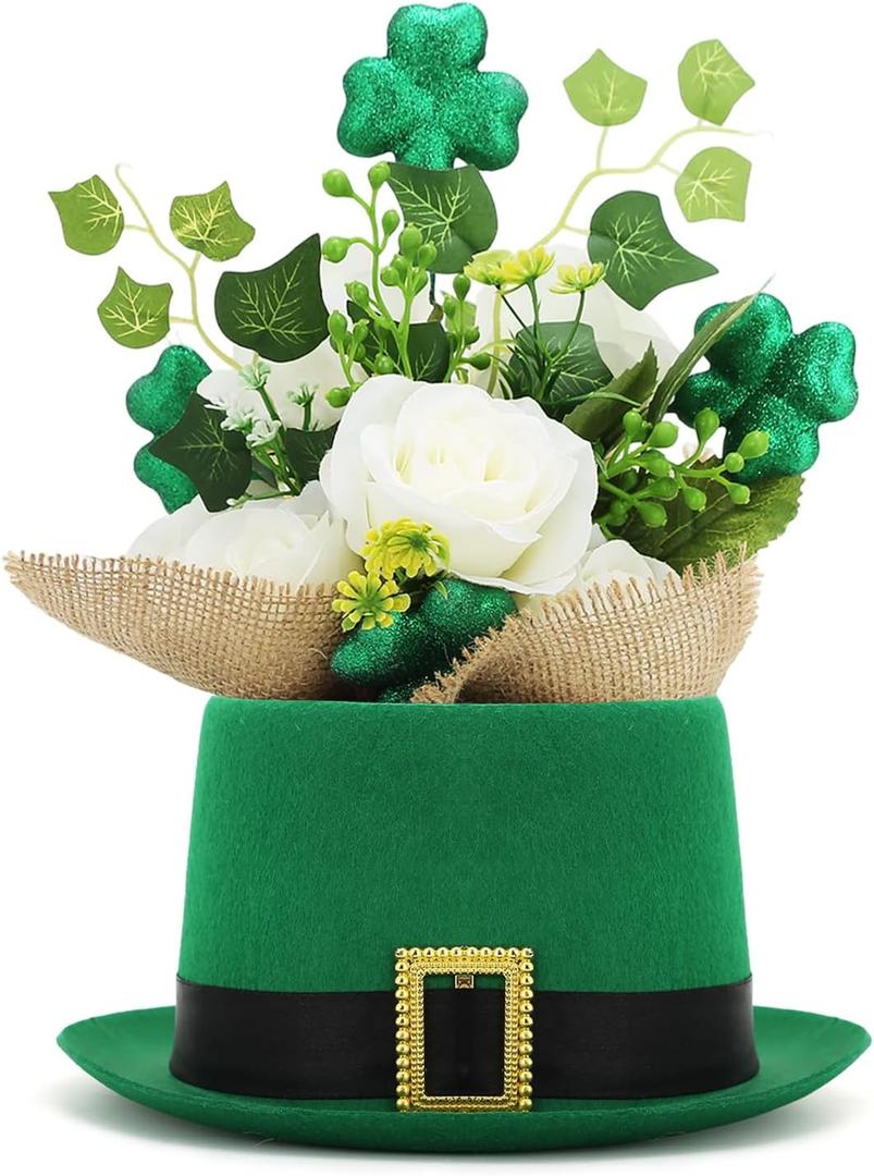 St. Patrick's Day Flower Pot Set Include Irish Leprechaun Green High Top Hat and Shamrock Trees Tabletop Shamrock Flowers Decorations for St. Patrick's Day Table Home Party Decor