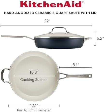 KitchenAid Hard Anodized Ceramic 5-Quart Nonstick Sauté Pan with Shatter-Resistant Lid & Riveted Handle – Durable, Even Heating, Easy Clean, Oven Safe to 500°F, ONYX BLACK