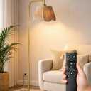 JOOFO Boho Floor Lamp with Remote & Foot Switch, Brushed Gold Standing Lamp with Flower-Inspired Textured Shade, Stepless Dimmable Tall Lamp for Living Room Bedroom Reading (Bulb Included)