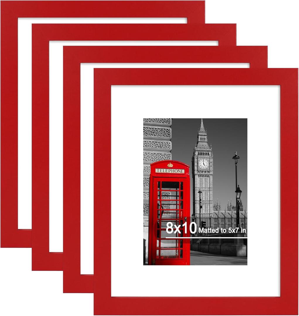 Hongkee 8x10 Picture Frame (4 Pack, Red) Made of Real Glass and Wooden Frame - Display Pictures 5x7 with Mat or 8x10 Without Mat, 8 by 10 Photo Frames TableTop Display and Wall Mounting