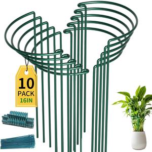 TCBWFY 10 Pack Garden Plant Support Stakes,10" Widex16 High Heavy Duty Interlinked Half Round Peony Support Ring Cage for Indoor Outdoor Plants,Plant Supports for Peony, Tomato, Hydrangea, Rose (Dark Green)