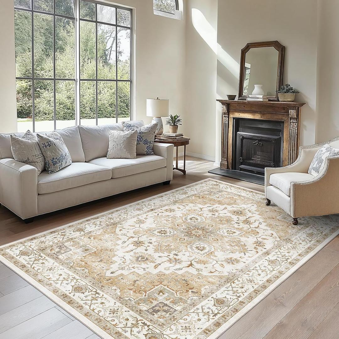 Amada 6x9 Washable Area Rug for Dining Room, Beige, Vintage Pattern