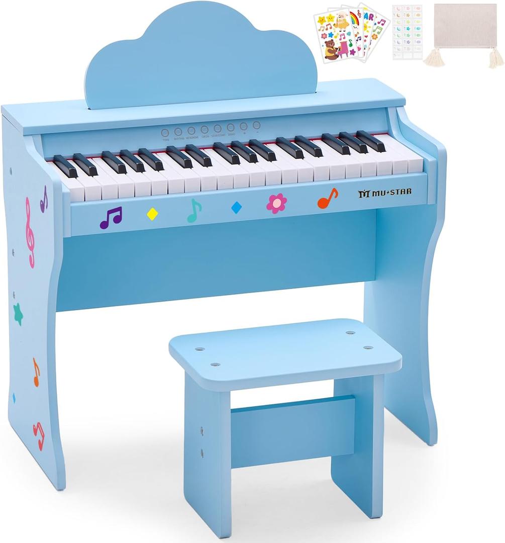 37 Keys Kids Keyboard Piano, Kids Piano Wood Toy with Stool, DIY Stickers, Song Book, Cover, Education Musical Instruments for Girls and Boys Ages 3+ (Blue)