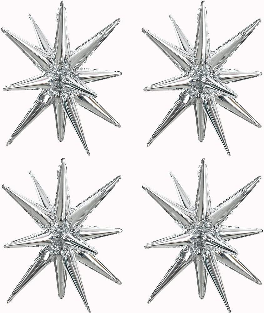 TONIFUL 4 Pcs 22inch 4D Huge Silver Star Balloons Explosion Star Mylar Foil Balloons for Party Supplies Backdrop Christmas,New Year,Birthday, Wedding,Photo Booth Ornament