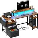 Lufeiya Gaming Desks with Led Lights and Power Outlets, 55 Inch Study Writing Computer Desk with Fabric File Drawers Cabinet for Bedroom, Home Office Desk with Shelves Monitor Stand, Rustic Brown