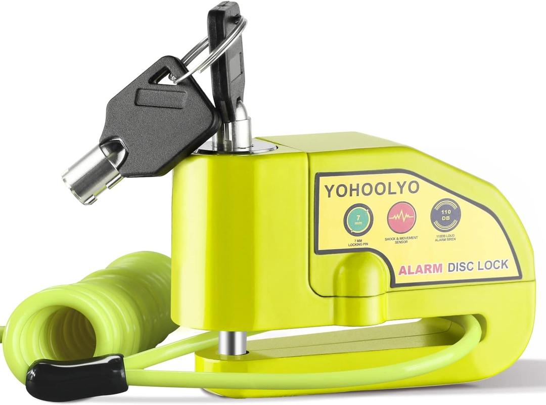 YOHOOLYO Alarm Disc Lock Motorcycle Disc Brake Lock Anti-Theft Waterproof 110 dB 7mm Pin 5ft Reminder Cable for Motorcycles Bike Scooter Carry Pouch (Green)
