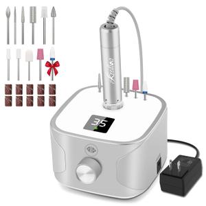 Kredioo Electric Nail Drill Professional for Salon Use 35000RPM Efile File Kit for Gel Nails Polish Remover with 11 Bits and Sanding Bands Build-in Bit Holder -Silver