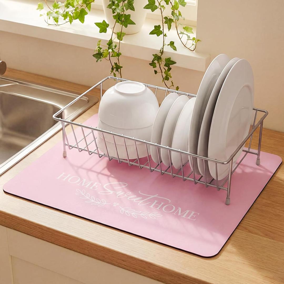 Pink Dish Drying Mat for Kitchen Counter 24 x 16 Inch Pink Kitchen Accessories Large Non Slip Absorbent Heat Resistant Coffee Bar Pad Dish Drainer Rack Mat for Countertops Sinks