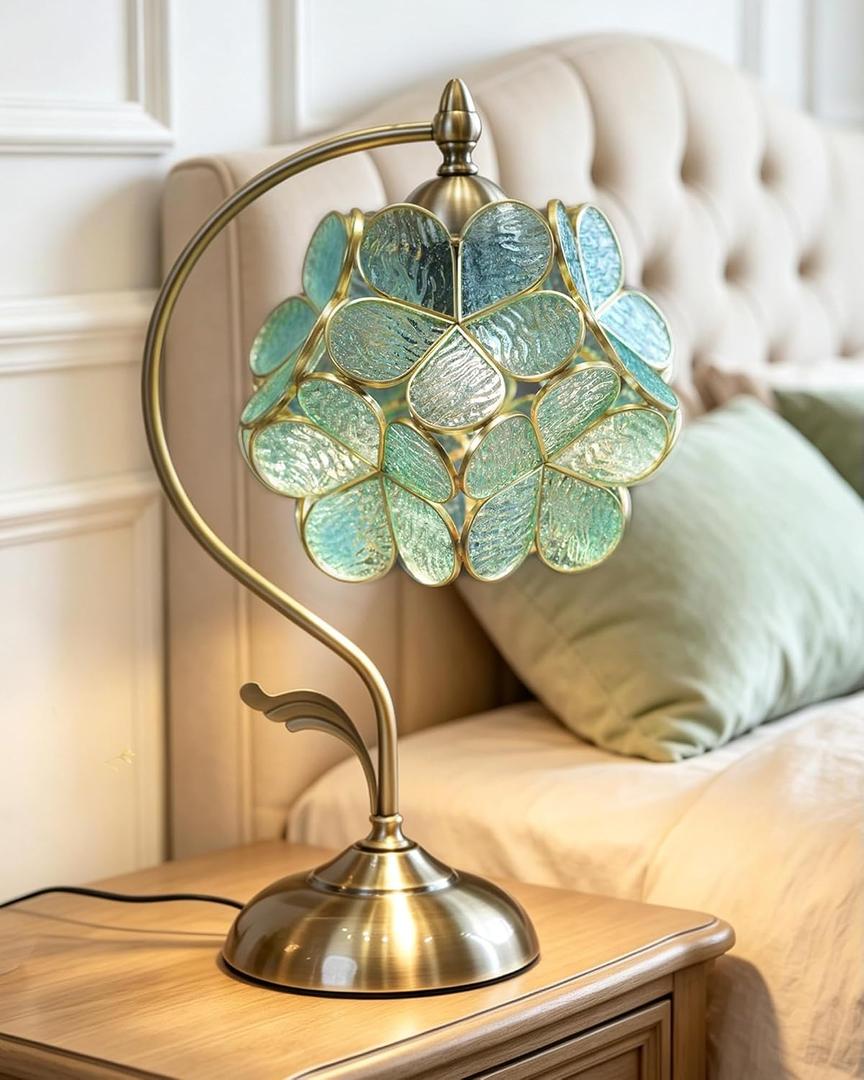 Tiffany Style Flower Table Lamp, Vintage Cherry Blossom Stained Glass Lamp with Brass Base for Bedroom Bedside Home Decor, Vintage Mint (Blue-Green)