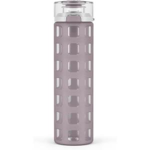 Ello Syndicate 20oz Reusable Glass Water Bottle with One-Touch Leak Proof Flip Lid, Protective Non-Slip Silicone Sleeve, Carry Loop for Coffee, Tea and Water, BPA-free, Dishwasher Safe, Mauvewood